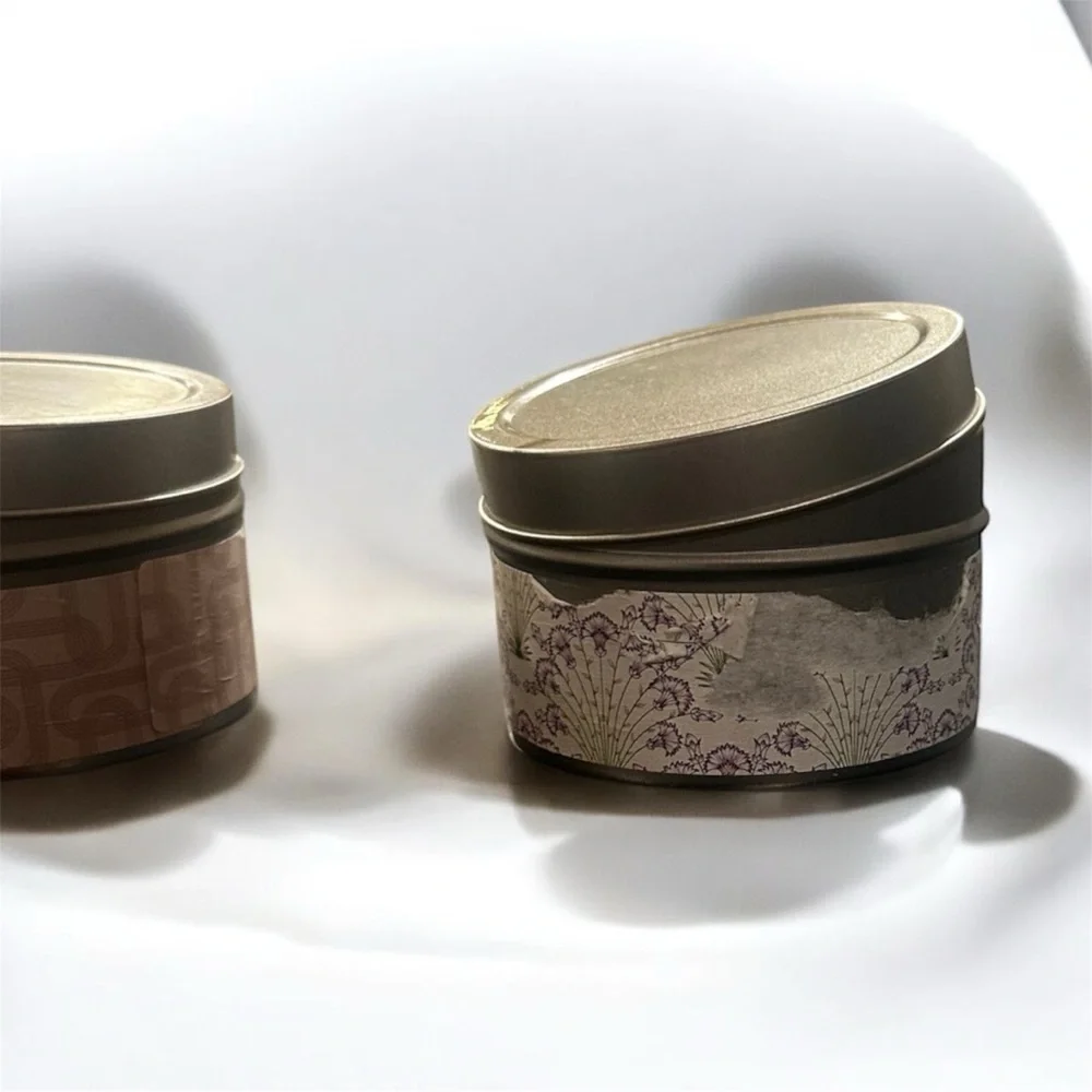 3 Small Tins With Lids And Paper Wrap With Decoration